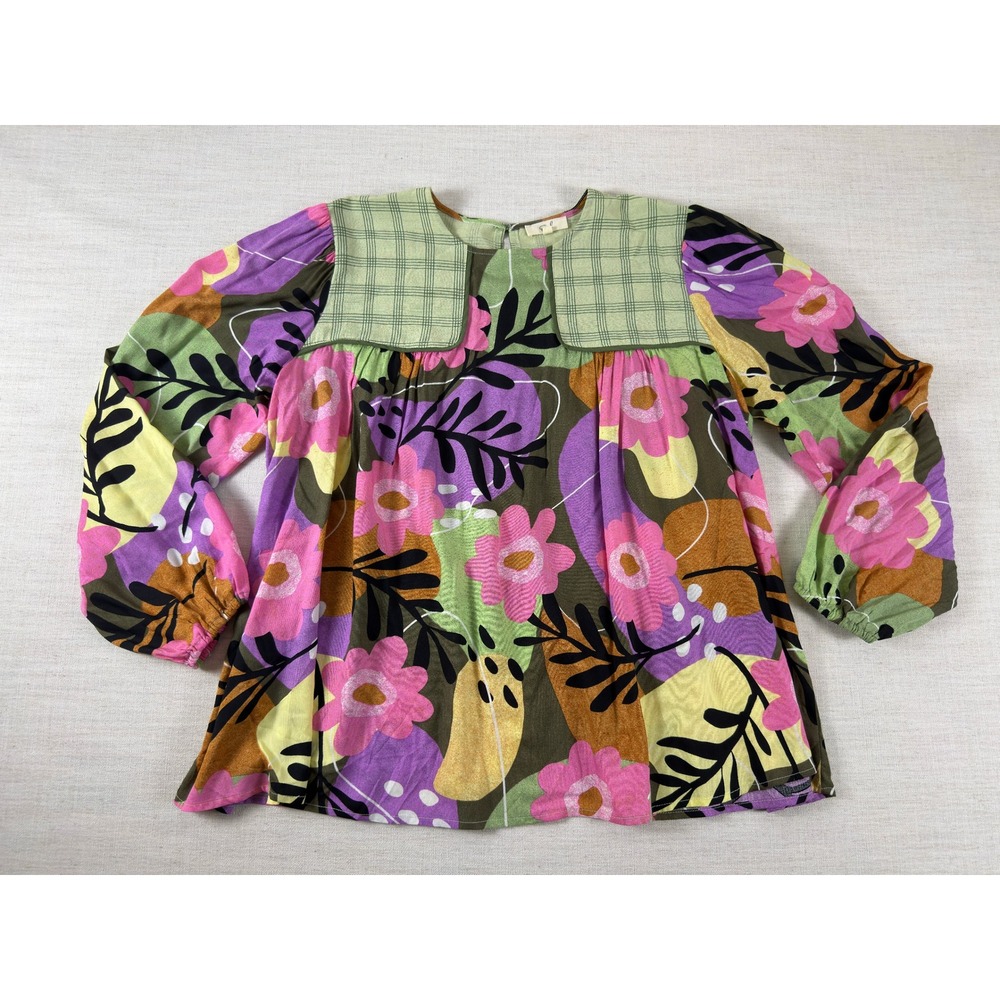 Easel Los Angeles Floral Plaid Mixed Media Blouse Pink Green 1X
